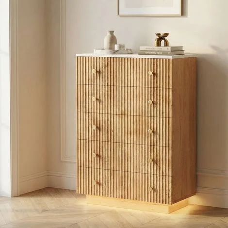 Cassettiera camera letto 5 cassetti, mobile contenitore 73x40x111 cm, illuminazione LED e grande capacità, struttura in legno e metallo, stile moderno, Rovere chiaro