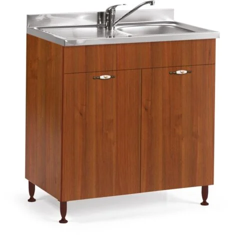 Base sottolavello cucina 80x50x85 cm in legno noce antico con due ante e lavello a vasca singola - Adige