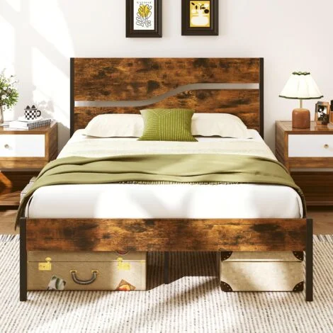 COSTWAY Letto Matrimoniale 140 x 200 cm, Struttura Letto in Metallo Industriale con Testiera e Pediera in Legno, Silenzioso, Carico Massimo 360 kg