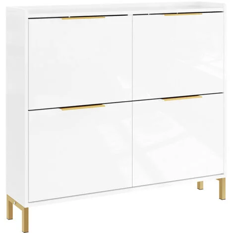 SoBuy FSR206-GW Scarpiera Salvaspazio Slim Ingresso - Mobile Scarpiera Bianca con 4 Ante a Ribalta, Profondità 19 cm, Design Nordico con Finitura Lucida e Maniglie Dorate, 100x19x90cm