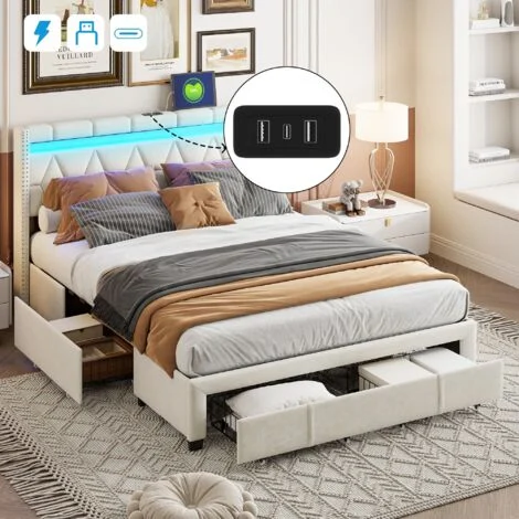 Letto con cassetti 160x200cm, tessuto, letto matrimoniale con 4 cassetti, testiera decorata a rombi con ricarica USB e illuminazione LED, giroletto, rete a doghe, letto imbottito per adulti - Beige