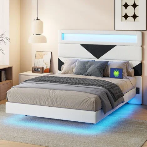 Letto 160x200 cm - MDF, letto flottante con testiera triangolare, Letto matrimoniale con porta di ricarica USB e illuminazione a LED, Rete a doghe, Struttura letto, Letto per adulti - Bianco