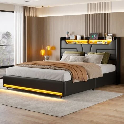 Letto matrimoniale contenitore 140x200cm con rete a doghe in legno, testiera con striscia luminosa a LED e porta di ricarica USB, design moderno, Nero