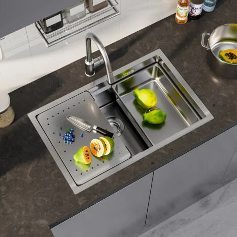 CECIPA Lavello da Cucina a Una Vasca 70 x 44 x 21 cm Lavello da Cucina Lavello da Incasso in Acciaio Inox Spazzolato Lavello da Cucina con Gocciolatoio + Vasca