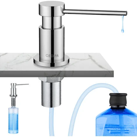 Dispenser Sapone Cucina Cromato - Dispenser Sapone Lavello con Contenitore 300ML + Tubo Prolunga in Silicone 1,25M