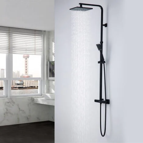 Auralum Colonna Doccia Termostatico con Miscelatore in Ottone, con Soffione e Doccetta, Asta Doccia Regolabile 97-130 cm, Sistema Termostatico - Antiscottatura