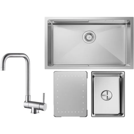 Cecipa Lavello da cucina a 1 vasca 70×44×21 cm Lavello in acciaio inox spazzolato con gocciolatoio e vasca + rubinetto da cucina pieghevole Miscelatore pieghevole davanti alla finestra spazzolata