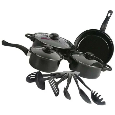 Set di pentole e padelle Ulisem, set di pentole antiaderenti da 13 pezzi, set di pentole a induzione con padelle, casseruole e pentola, nero