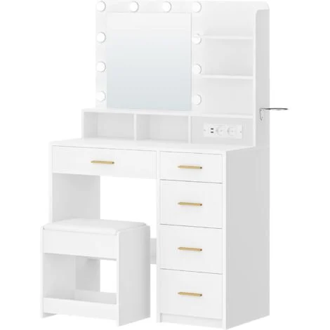 Postazione Trucco con 10 Luce Led, 3 Colori, Toeletta Trucco con Spina E Grande Specchio, Sgabello E Supporto Per Asciugacapelli, Tavolino Da Toilette A Più Cassetti, Bianco