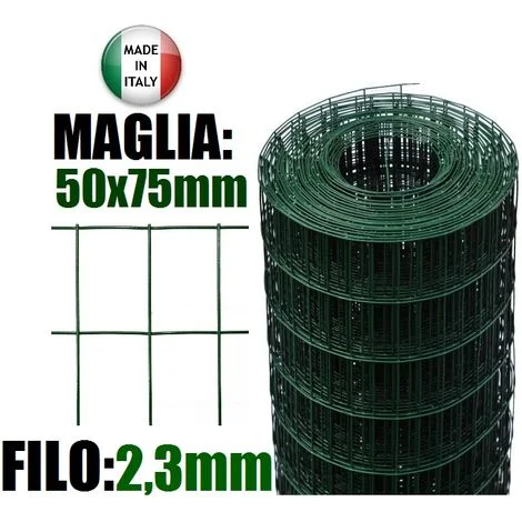 25mt- ROTOLO RETE METALLICA ZINCATA PLASTIFICATA ELETTROSALDATA- MAGLIA: mm50x75 - H 175 cm