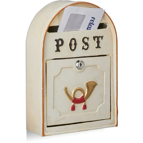 Relaxdays Cassetta per la Posta Antica, Casella Postale in Stile Vintage, Design Shabby, Metallo, HLP 30x20x8 cm, beige