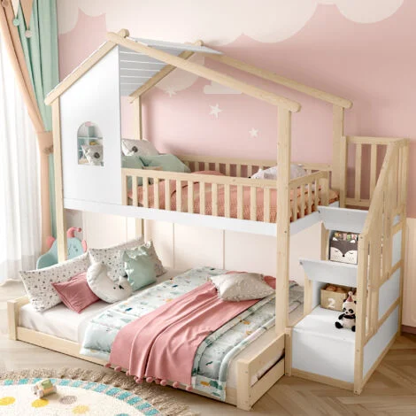 Letto a castello in legno per bambini 90/140x200cm, letto a soppalco per 3 persone, con scaletta contenitore, senza materasso, anticaduta, bianco+naturale