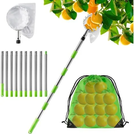 Raccoglifrutta telescopico da 4 m, raccoglimele in acciaio inox e borsa portaoggetti, asta regolabile per la raccolta della frutta per mele, pere, arance, pesche, ciliegie