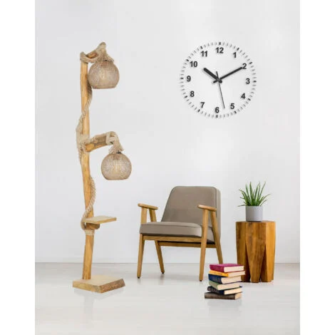 Lampada da terra con doppio paralume in legno naturale Ø24 cm, altezza totale 140 cm, attacco E27, per soggiorno rustico