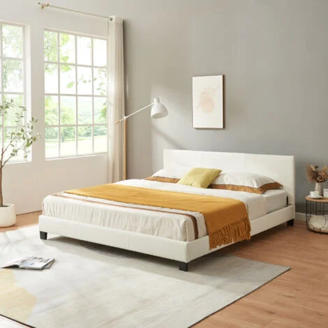 Letto Matrimoniale a Testiera Alta Letto a 2 Piazze 180x200 cm Rivestimento in Similpelle Bianco Corium