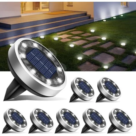 Set di 8 luci solari da terra, 8 LED per esterni, da giardino, impermeabili, faretti solari da esterno, bianco freddo [classe energetica E]