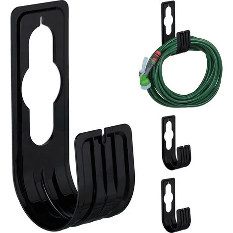 Relaxdays Portatubi, Set da 4 Supporti per Tubi da Giardino 30 m, per Rubinetto e Parete, HLP: 22 x 7,5 x 10 cm, Nero