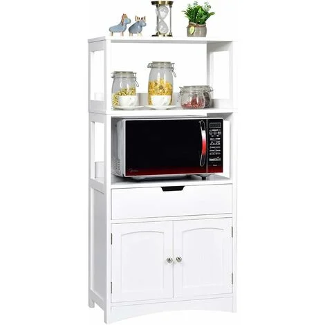 COSTWAY Armadietto del Bagno con cassetto e mensola, Armadio con 2 mensole Aperte e 2 Ante, armadietto per Cucina, Ingresso, Salone e Camera da Letto, armadietto in Legno Bianco