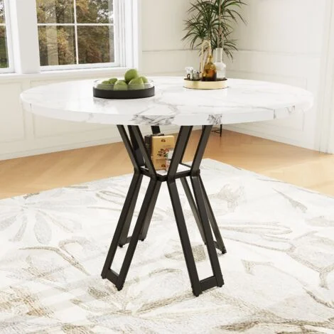 Tavolo rotondo 100x100x76 cm, tavolo da pranzo per 4-6 persone, piano in MDF effetto marmo, gambe in metallo nero