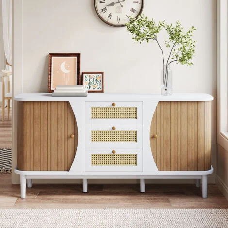 Credenza in canna 140,5 x 40 x 76 cm, 3 cassetti in rattan, ante in legno e pensili bianchi, ripiani regolabili, MDF/pannelli, bianco/naturale