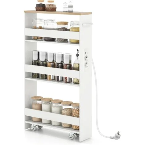 COSYWAY Carrello Portaoggetti da Cucina, Scaffale con Maniglia Laterale e Ruote, Carrello Salvaspazio con 3 Scaffali Stretti, 47,5x13x80,5 cm (Naturale+bianco,con presa)