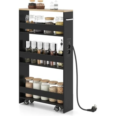 COSYWAY Carrello Portaoggetti da Cucina, Scaffale con Maniglia Laterale e Ruote, Carrello Salvaspazio con 3 Scaffali Stretti, 47,5x13x80,5 cm (Naturale+nero,con presa)