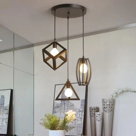 3 Luci Sospensione Lampada Gabbia Metallo Lampadario Industriale E27 Altezza Regolabile per Soggiorno Sala da Pranzo