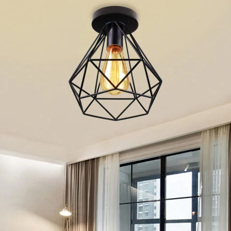 Lampada da Soffitto Industriale Metallo Gabbia Ferro E27 Retrò Lampadario da Soffitto per Corridoio Soggiorno Camera da Letto (Nero)