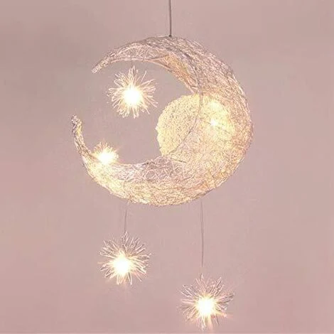 Lampadario a Sospensione Industriale Luna e Stelle LED Plafoniera in Alluminio con 5 Ampoule per Camera da Letto Bambini (Luce Calda)
