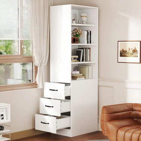 Libreria Alta Stretta con 3 Cassetti Laterali, 4 Vani e 2 Ripiani Regolabili, Moderna, in Pannello Truciolare, 60×38×180 cm, Bianco