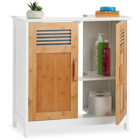 Relaxdays Mobile Bagno Legno, Ante Bambù, Fondo Regolabile, Incavo Sifone, Sottolavabo, HLP: 60x60x30cm, naturale/bianco