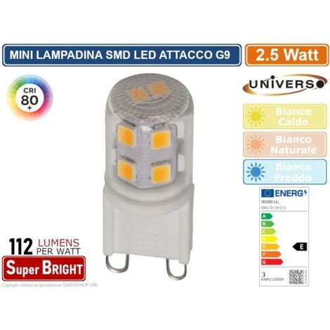 UNIVERSO SPARAC-G9-2.5W-CE1 LAMPADINA LED G9 SPOTLIGHT 2.5W TUBOLARE SMD CHIP 280 LUMEN 3000K 4000K 6500K - Colore Luce:Bianco Freddo