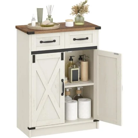 Mobile da Bagno, Mobiletto da Bagno con 2 Cassetti e 2 Ante, Mobiletto da Cucina, Ripiano Regolabile, Bianco Rustico e Noce Medio