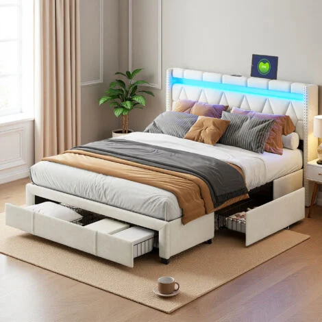 Letto 160x200 cm - tessuto in lino - 4 cassetti - LED - struttura letto matrimoniale 160x200 cm - Beige