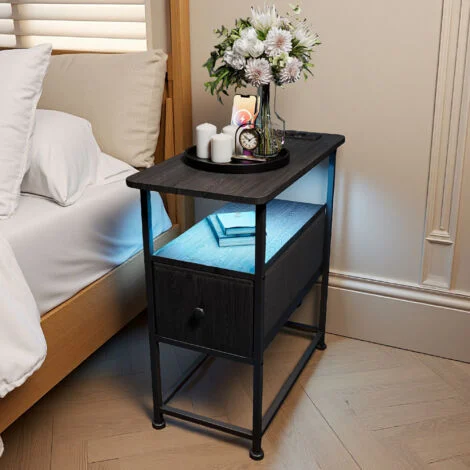 Comodino con cassetto, 60 x 30 x 62 cm, tavolino, USB e LED, contemporaneo, per camera da letto, soggiorno, ufficio, MDF, nero