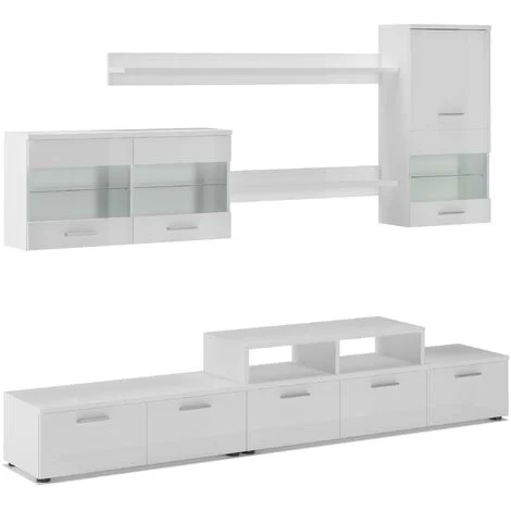 Skraut Home - Mobili TV Parete da Soggiorno e pranzo contemporaneo con illuminazione a LED , Bianco Mate e Bianco Laccato, dimensioni: 250 x 194 x 42 cm di profondità.