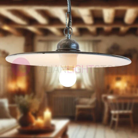 LAMPADARIO LAMPADA A CATENA PIATTO SEMPLICE IN FERRO BATTUTO CRUCCOLINI