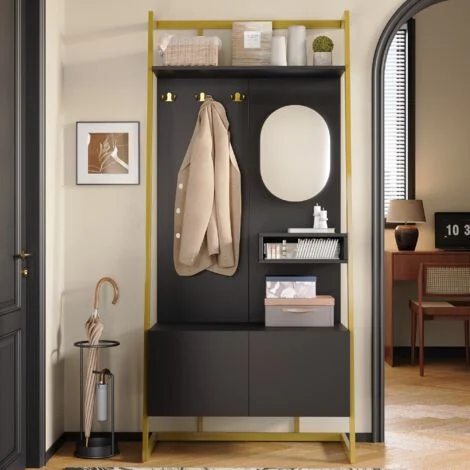 Set mobili da ingresso 180 cm - Con specchio, attaccapanni in metallo, appendiabiti e panchina porta scarpe, Set mobili ingresso, Nero