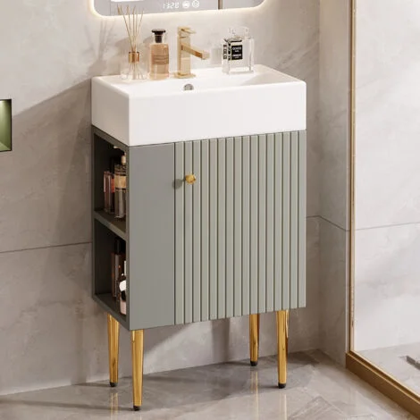 Mobile da bagno con lavabo 55 cm, ampio spazio contenitivo, gambe in metallo, piccolo mobile da bagno per ospiti, grigio