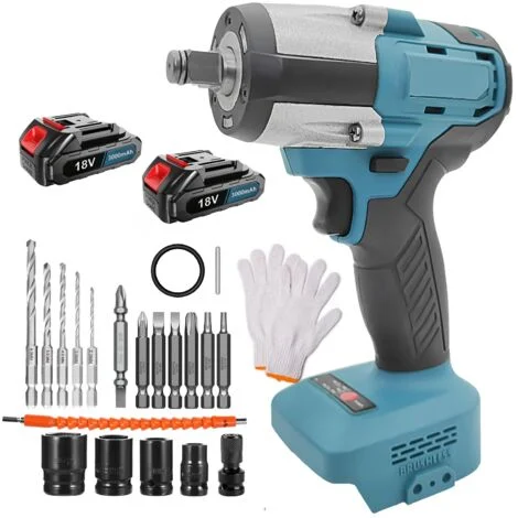 Avvitatore a impulsi senza fili con coppia elevata di 500 Nm, motore brushless con 2 batterie da 3,0 Ah e 4 bussole per dadi delle ruote di auto, camper e camion.