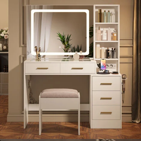 Mobile Toeletta Trucco con Specchio LED e Sgabello – Cassetti, Ripiani Aperti, Prese USB Integrate e Ampio Specchio, 109x100x139 cm – Bianco