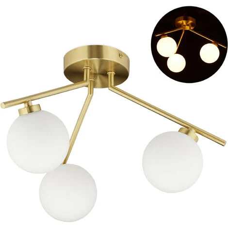 Relaxdays Lampadario GLOBI, 3 Luci, Attacco G9, Paralumi a Sfera in Vetro Opalino, Design Modernariato, 24,5x36 cm, oro