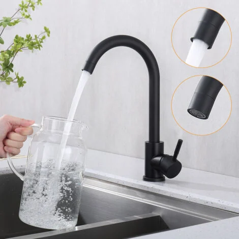 Rubinetto da cucina nero 360° girevole, miscelatore ad alta pressione in acciaio inox con doppio tubo, moderno rubinetto lavello cucina resistente e funzionale