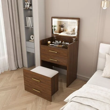 Tavolo da trucco angolare 3 in 1 con specchio a scomparsa, vano contenitore, sgabello con cassetti, piano in vetro, MDF color noce.