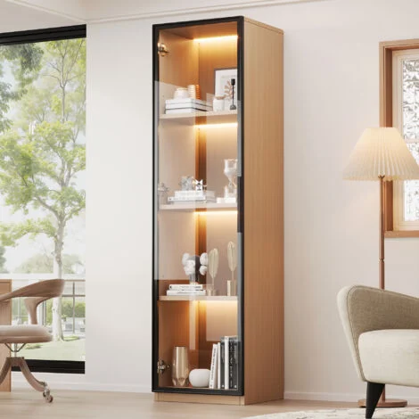 Vetrina stretta 40x40x165 cm con anta in vetro temperato, illuminazione LED multicolore, cerniere con chiusura ammortizzata, MDF effetto rovere