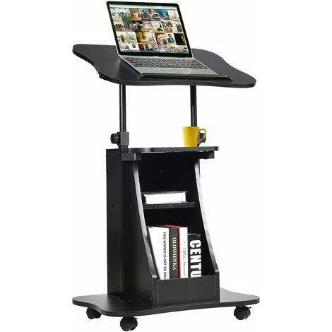 COSTWAY Carrello Porta Computer, Altezza Regolabile, Postazione da Lavoro con Ruote, carretto Porta Computer e Scrivania con Superficie Girevole,Ideale per Casa e Ufficio