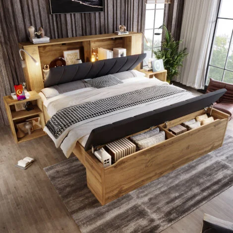 Letto matrimoniale in legno rovere 180x200 cm con comodini, panca contenitore, luci lettura USB e rete a doghe