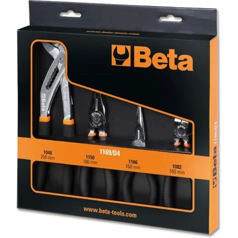 BETA 1169/D4 set di 4 utensili, 1 pinza universale, 1 pinza a becco semicircolare lungo, zibellino, 1 tagliafili e 1 paio di pinze con cerniera chiusa