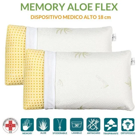 EVERGREENWEB - Coppia Cuscini Letto 40x70 alti 18 cm con tessuto ALOE VERA Sfoderabili, Imbottitura 100% MEMORY FOAM, 2 Guanciali ANTIRUSSAMENTO Ortopedici per SOLLIEVO dal dolore al Collo e Cervicale