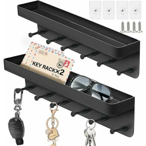 Set 2 Portachiavi da Muro con 6 Ganci, Portachiavi da Muro in Metallo con Mensola Portaoggetti, Appendiabiti da Parete Portariviste Senza Foratura, per Soggiorno, Bagno, Cucina, Nero